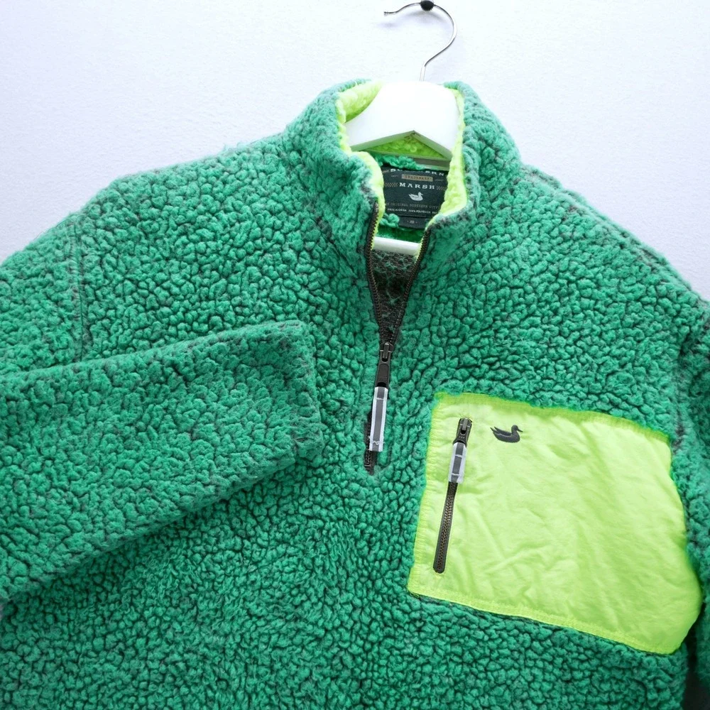 Southern Marsh Mens Blue Green Sherpa Fleece Quarter Zip Pullover Neon Pocket S